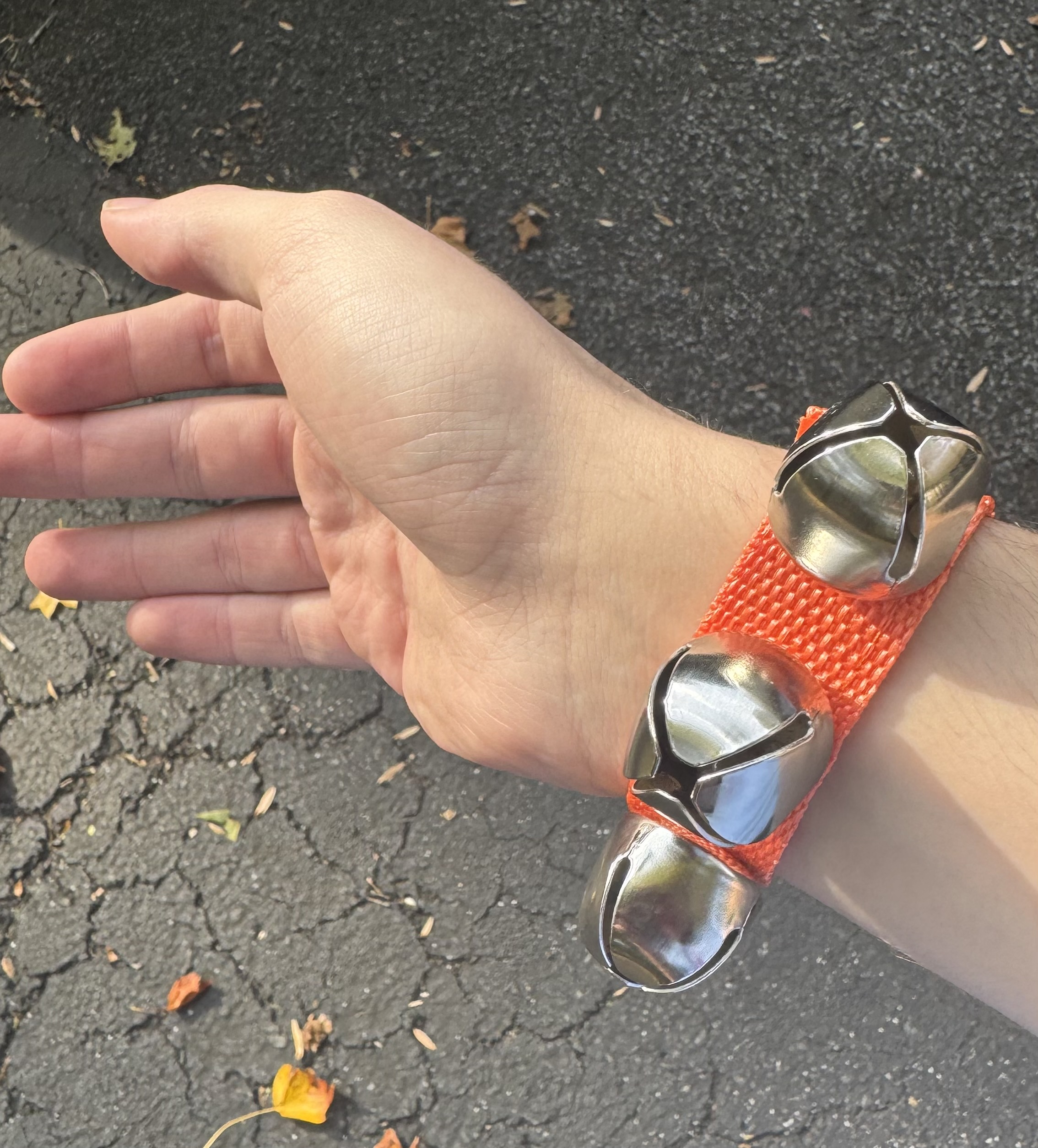 A hand wearing a wristband with bells for blind sports